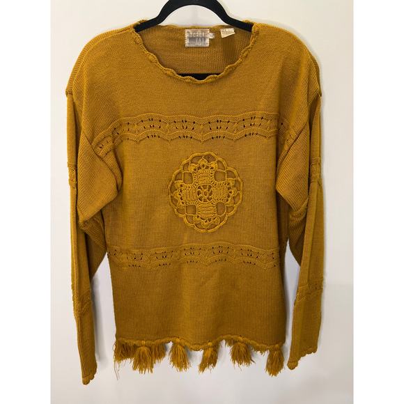 Vintage mustard boho Leslie Fay Sportswear 80s sweater size Medium - Picture 1 of 7